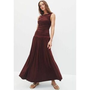 Summer Away Patmos Maxi Dress Brown Ruched Jersey Sleeveless Women Sz XS